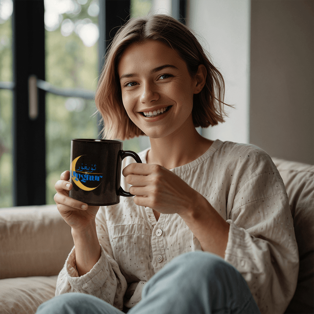 Proud Uyghur Black Ceramic Mug (Blue letters)